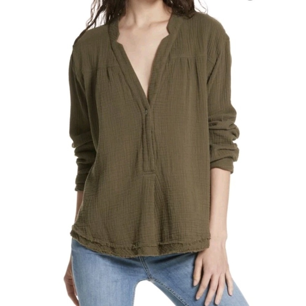 Free People Changing Horizons Sapphire Olive Oversized Top Gauze XS Boho